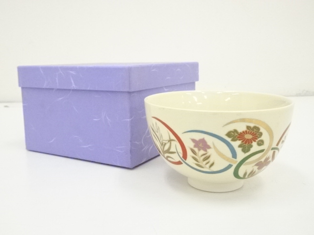 JAPANESE TEA CEREMONY / KYO WARE TEA CHAWAN / FLOWER CREST / BY MIYAJI-EIKO